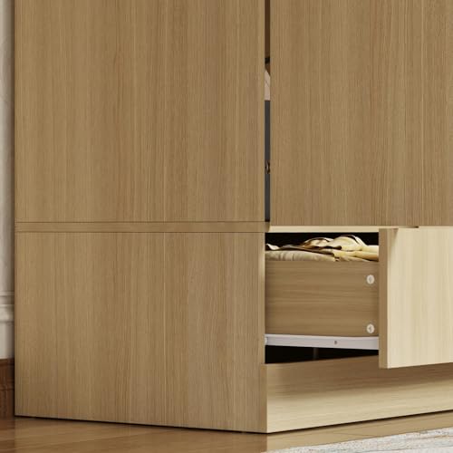 Homsee 82.7" H Modern Armoire Wardrobe Closet with 8 Doors and 2 Drawers, Clothing Storage Cabinet with 3-Tier Shelves and Hanging Rod for Bedroom, Light Brown Wood Grain