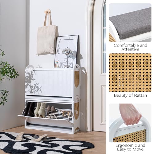 Shoe Bench with Storage,Shoe Rack Bench for Entryway,Rattan Shoe Bench with Seating,Boho Shoe Organizer Bench with Shelf,Wooden Storage Bench for Hallway and Bedroom,White