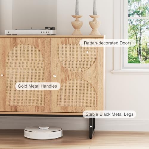 Storage Cabinet with 2 Arched Rattan Doors, Natural Style Rattan Sideboard Buffet Cabinet with Storage, Boho Entryway Table Console Credenza TV Stand for Living/Dining Room, Kitchen, Hallway