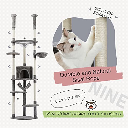 PEQULTI Floor to Ceiling Cat Tree 92.9’’-101.6’’ Height Adjustable Cat Tower Tall Kitty Climbing Play House with Scratching Posts, Cozy Condo, Perches and Large Hammock for Indoor Cats Beige