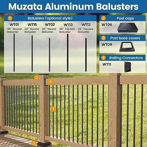 Muzata 50Pack 26" Aluminum Deck Balusters Round Black Deck Railing Stair Porch Staircase Spindles 3/4" Diameter Hollow for Wood and Composite Deck, WT02