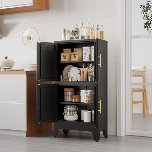 75.2" Tall Metal Pantry Cabinet, Storage Cabinets with 4 Door and 4 Adjustable Shelves, Black Kitchen Pantry Storage Cabinet, Freestanding Cupboard for Kitchen Dining Room Living Room Bathroom