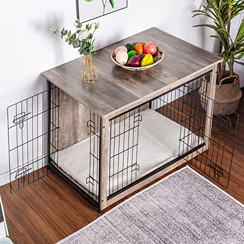 DWANTON Dog Crate Furniture with Cushion, Wooden Dog Crate with Double Doors, Dog Furniture, Dog Kennel Indoor for Small/Medium/Large Dog，End Table, Small, 27.2" L, Warm Brown