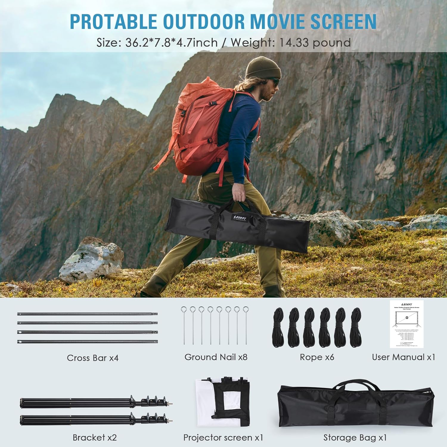Projector Screen and Stand 180 Inch, LEORFI Outdoor Portable Projector Movie Screen Pull Down, Indoor Projections Screen with Stand 16:9 4K Full HD Support Height Adjustable for Home Theater Camping