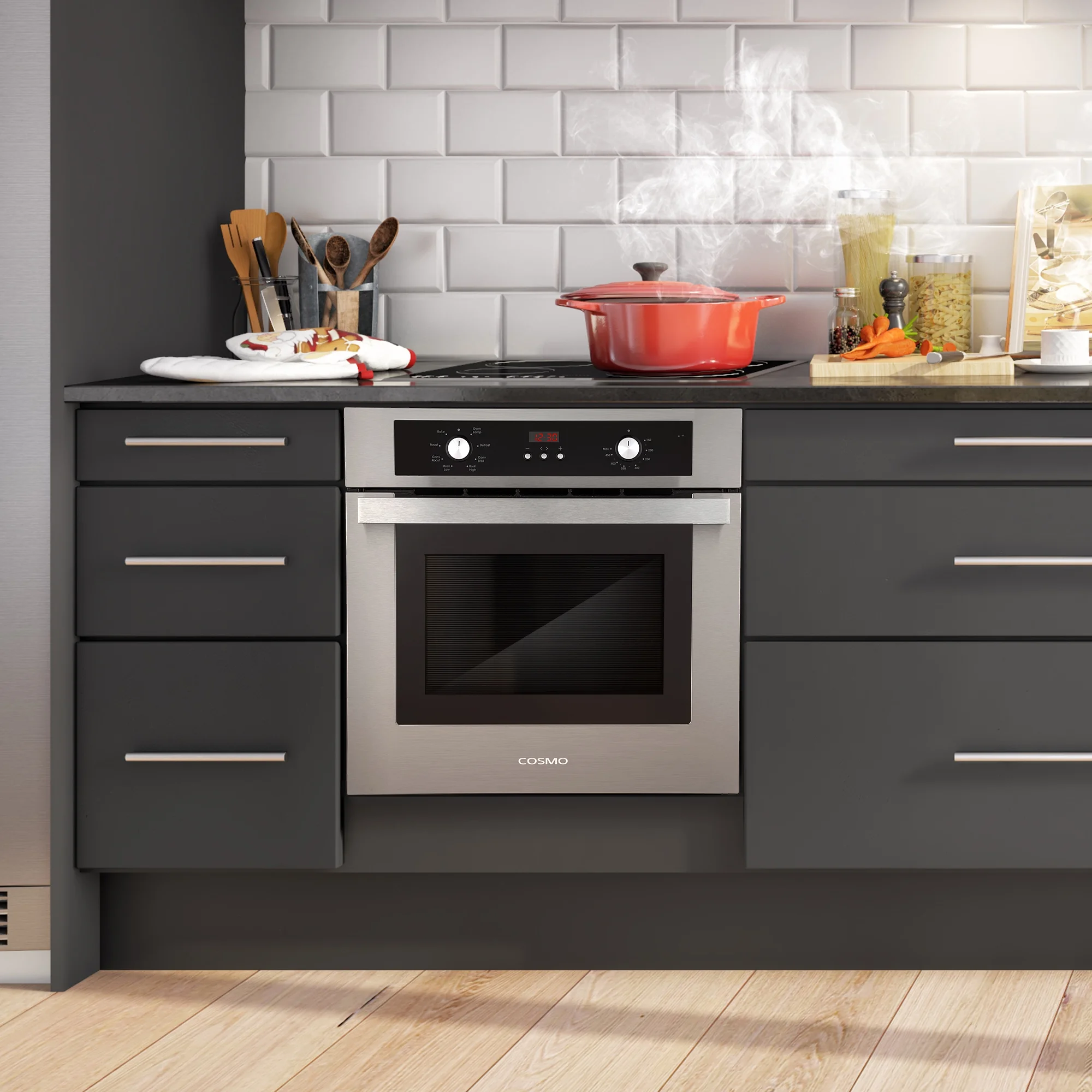 Cosmo 5 Piece Kitchen Appliance Package With 30" Electric Cooktop 30" Wall Mount Range Hood 24" Single Electric Wall Oven 30" Over-The-Range Microwave & French Door Refrigerator