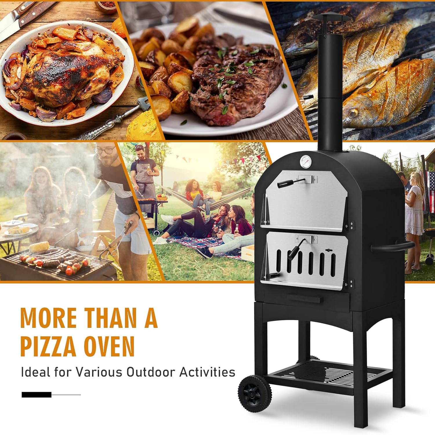 ORALNER Outdoor Pizza Oven, Wood Fired Pizza Oven Cooker with 12" Pizza Stone, Pizza Peel, Waterproof Cover, Portable Grill Pizza Maker on Wheels for Outside Backyard, Camping