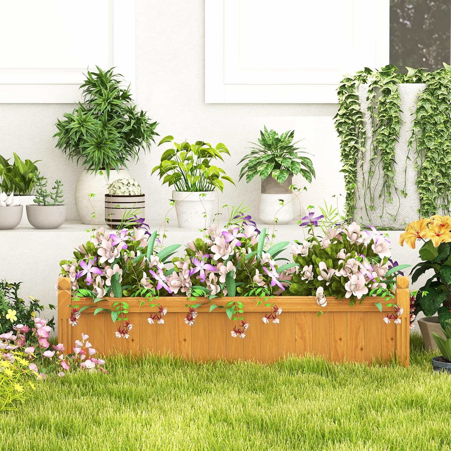 Giantex 2 Pcs Raised Garden Bed, Wooden Planter w/Drainage Holes, Rectangular Plant Box for Vegetables Flowers Herbs Fruit Growing, Raised Container for Garden Patio Balcony, Easy Assembly