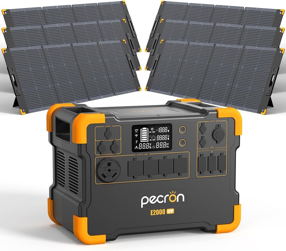 pecron Portable Power Station E2000LFP Power Station with 6x200W Solar Panels Solar Power Station 6X110V/2000W AC Outlets LiFePO4 Battery Backup for Outdoors Camping Emergency