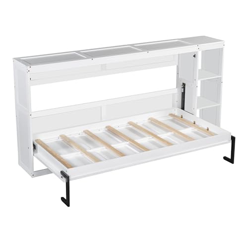 Wooden Murphy Cabinet Bed Frame with Charging Station, Full-Size Foldable Wall Bed with Large Storage Drawer for Home Apartment Limited Living Places, Space-Saving Hidden Bed No Box Spring Needed