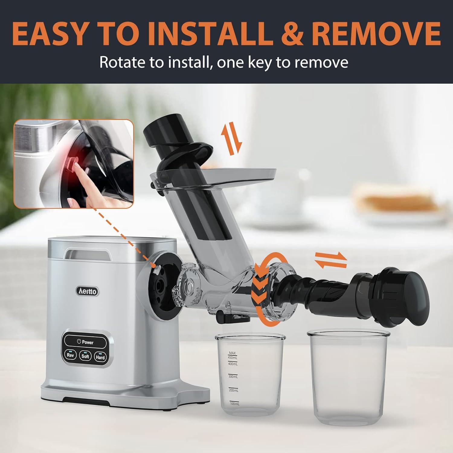 Aeitto Cold Press Juicer, Juicer Machines with 3 Inch Wide Chute, 2-Speed Modes & Reverse Function, Masticating Juicer Easy to Clean for Fruit and Vegetable (Sliver)