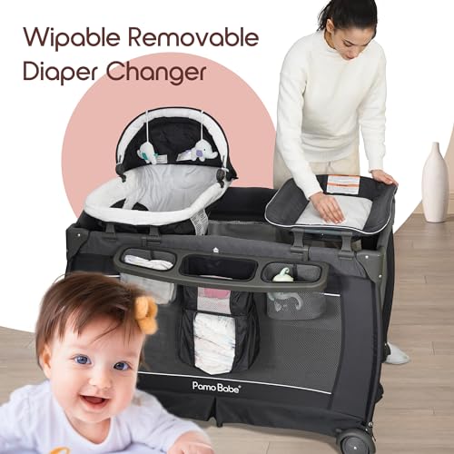 Pamo Babe Playard Deluxe Nursery Center, Foldable Playpen for Baby & Toddler, Bassinet, Mattress, Changing Table for Newborn (Grey)