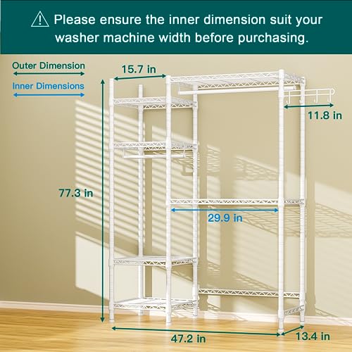 Ulif U7 Over The Washer and Dryer Storage, Laundry Room Heavy-Duty Space Saver with 6 Shelves and 2 Hanger Rods, Laundry Clothes Drying Rack and Toiletries Organizer, 47.2”W x 13.4”D x 77.4”H