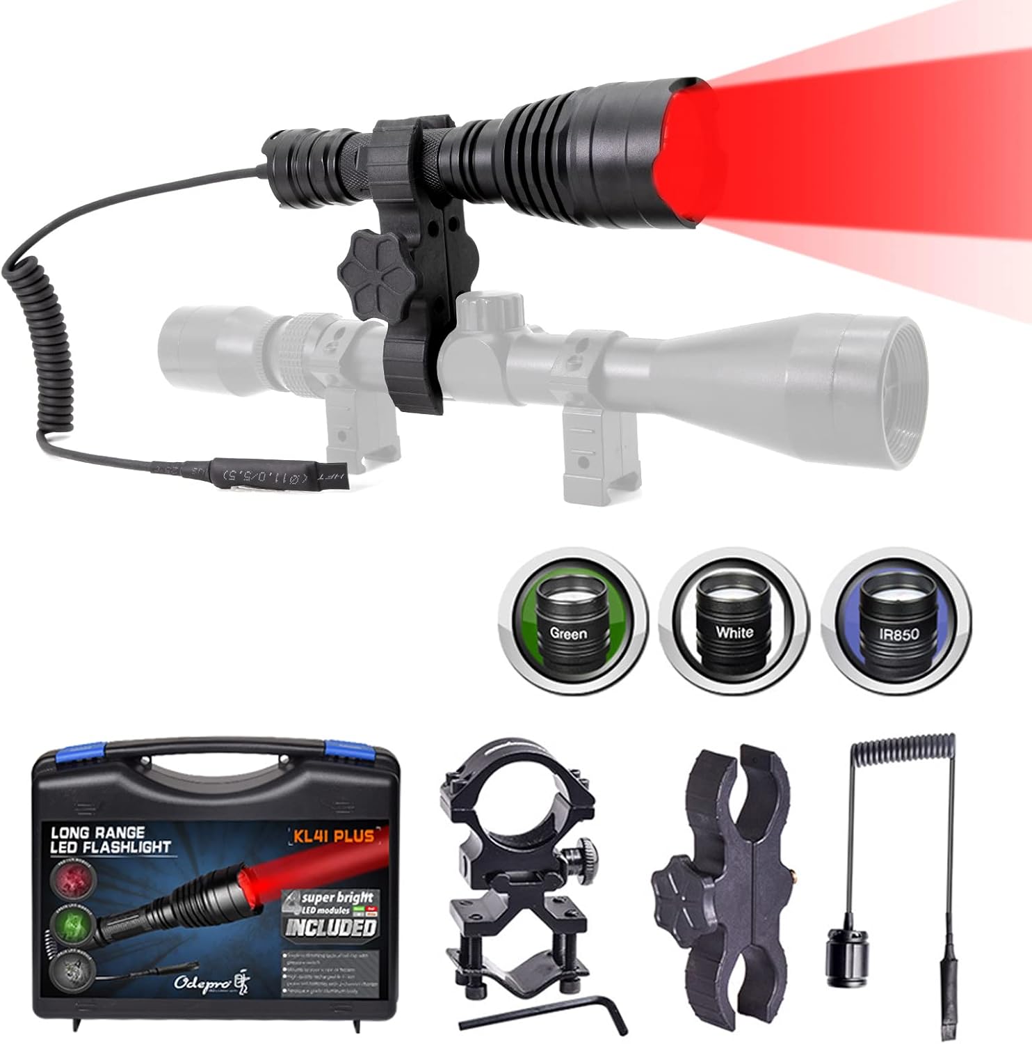 Odepro KL41Plus Hunting Flashlight Kit with Red Green IR850 White Interchangeable LED Modules, Long Range Scope Mount Predator Light with Remote Pressure Switch for Coyote Hog Varmint Night Hunt