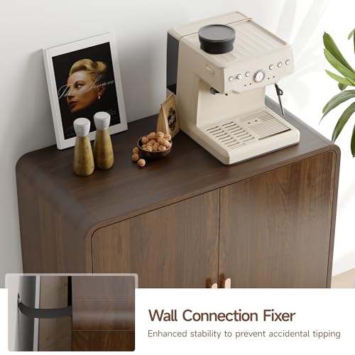 60" Sideboard Buffet Cabinet with Storage, Curved Design Farmhouse Coffee Bar Cabinet with 4 Doors & Adjustable Shelves for Living Room, Kitchen, Hallway, Walnut