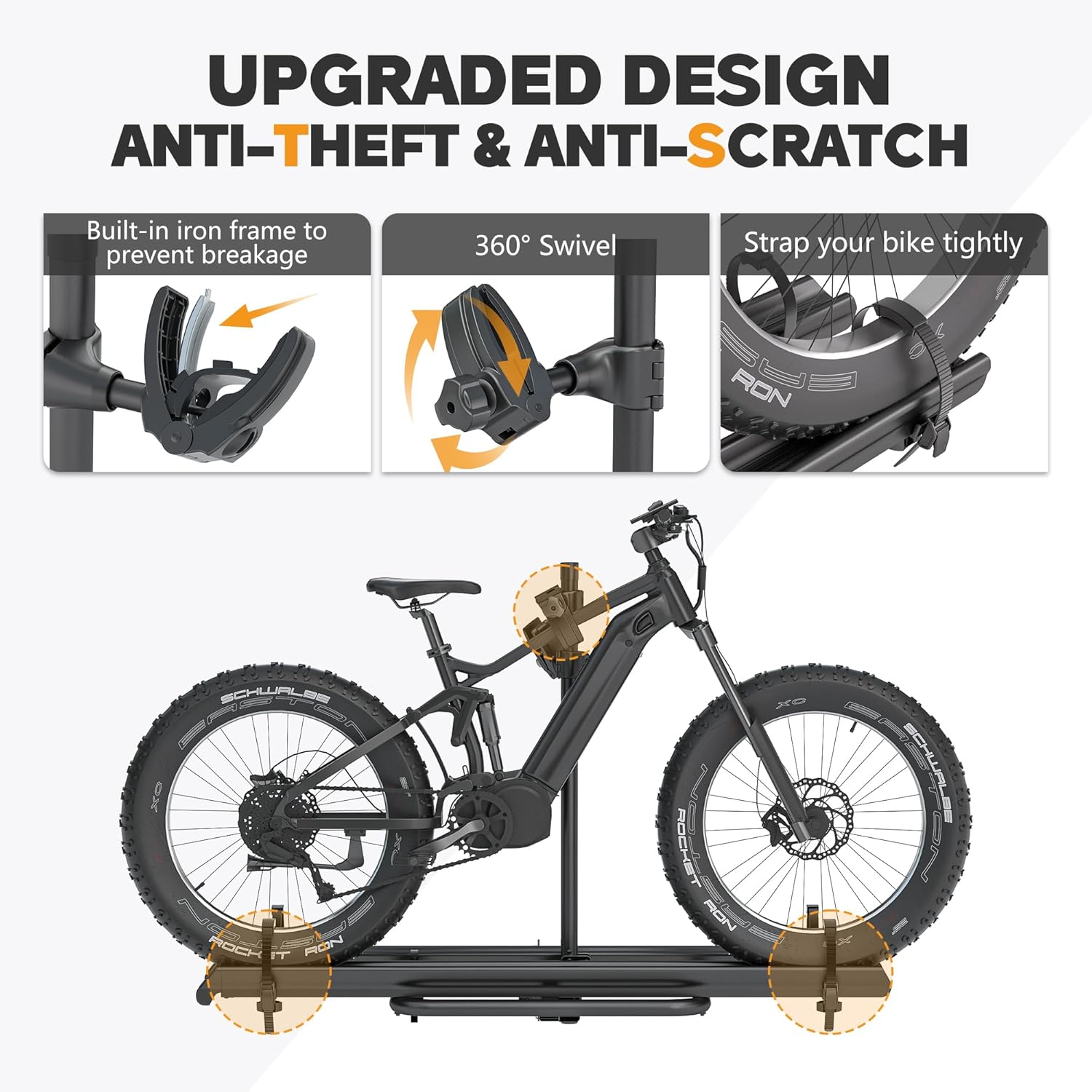 2 EBike Rack with Ramp, 2'' Hitch Mounted Lockable Bike Racks, 200lbs Capacity Foldable Platform, Up to 3'' Fat Tire Carrier for Standard and Electric Bicycles for Car SUV Truck RV