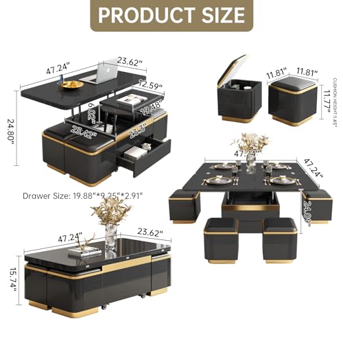 Multifunction Lift Top Coffee Table, Rectangle Folding Table with Storage and 4 Stools for Living Room, 3 in 1 Coffee to Dining Table Convertible, Modern Table That Lifts Up and Down, Black