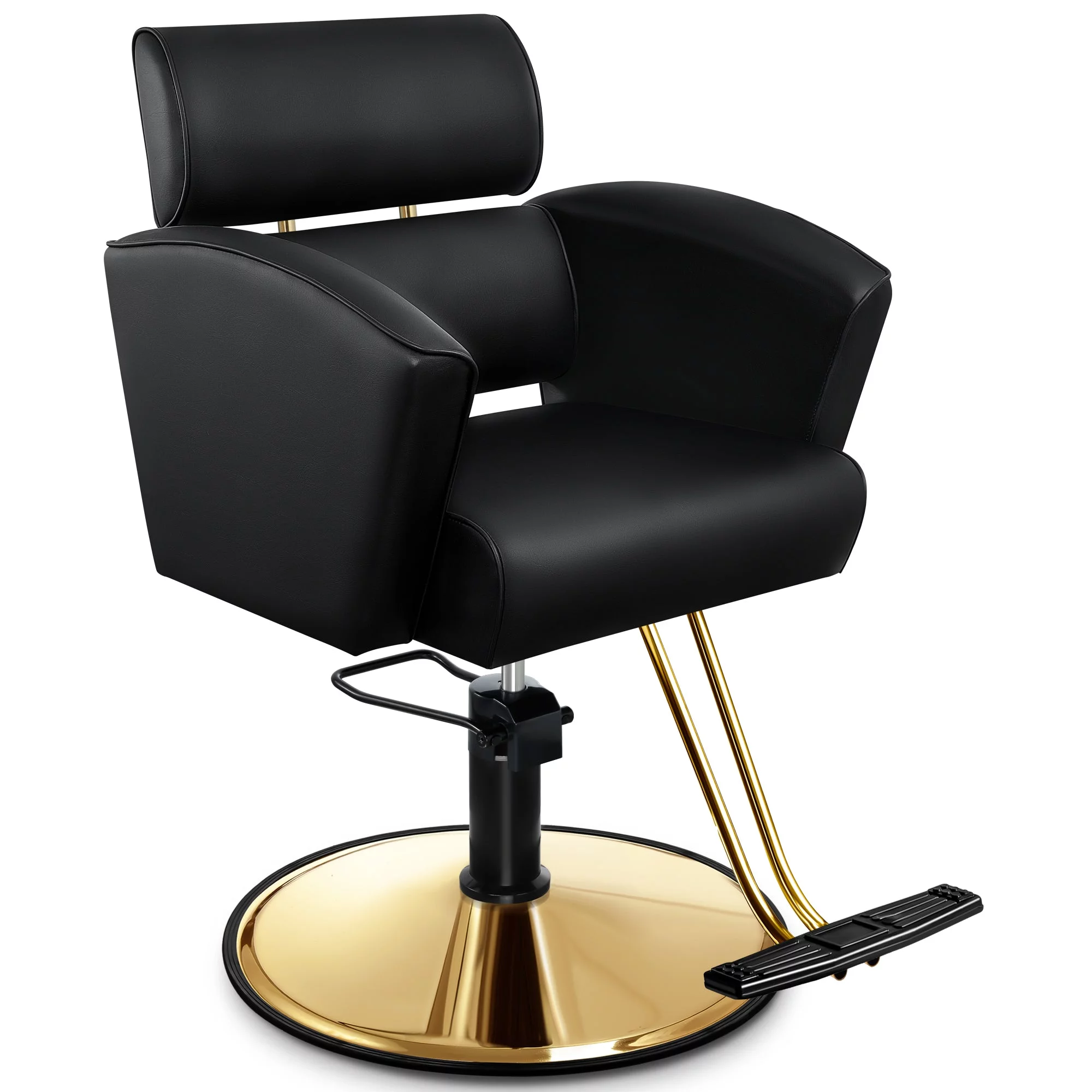 Baasha Luxury Gold Salon Chair - Sleek and Modern Hair Chair with Black Stain-Resistant Leather Upholstery, Adjustable Height, and Heavy-Duty Base - Comfortable Hair Salon Chair for Hair Stylist