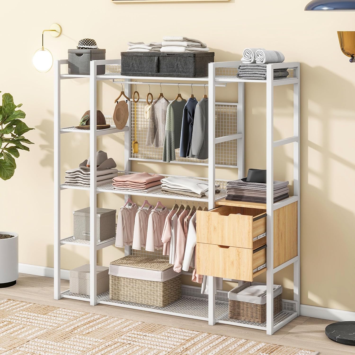 Open-Style Wardrobe with Hanging Rails, Shelves and 2 Drawers, Wardrobe Freestanding Closet Organizer, Industrial Wardrobe Clothes Rack, Metal Storage Wardrobe for Bedroom, Space-Saving