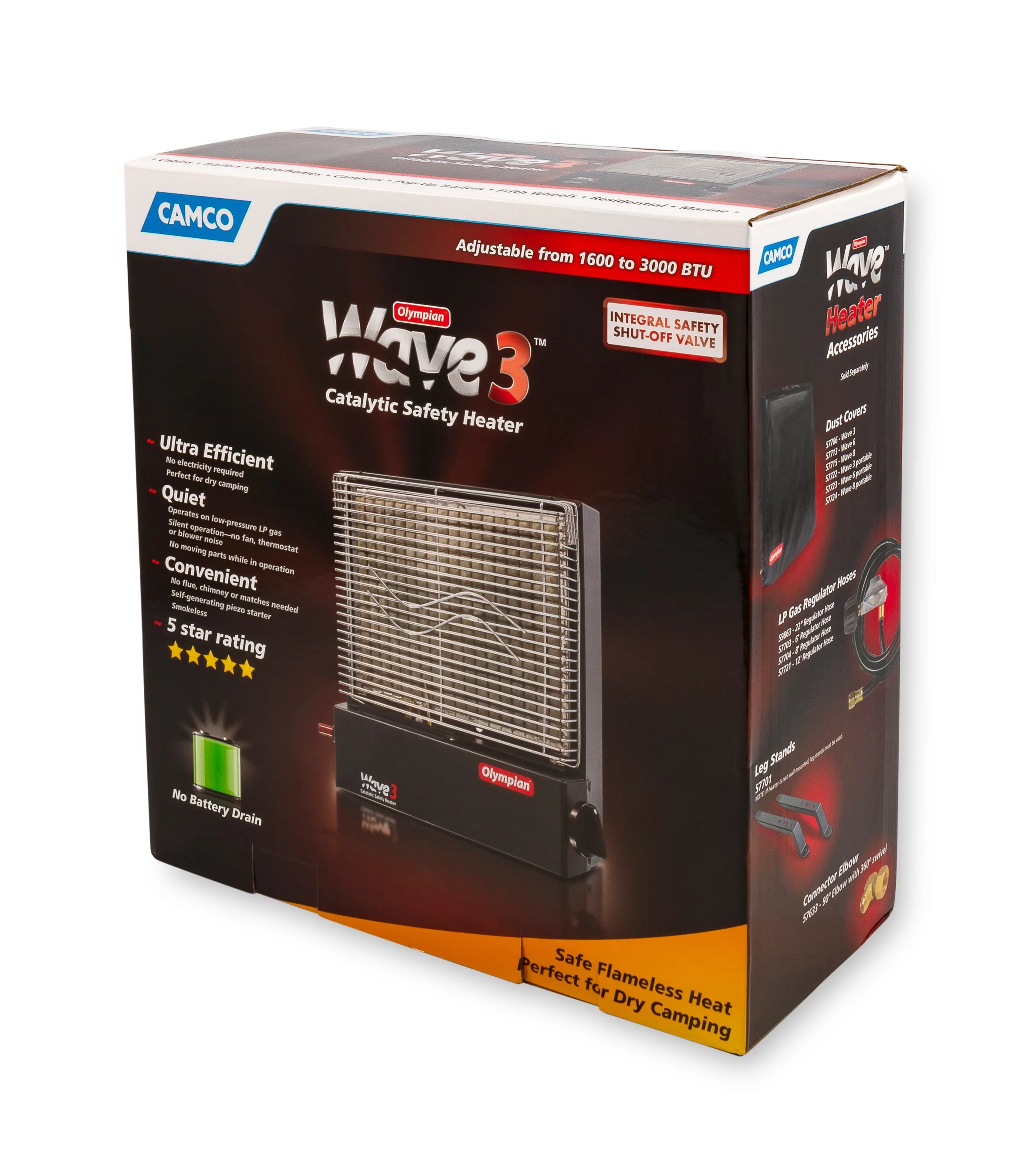 Camco Olympian RV Wave-3 LP Gas Catalytic Safety Heater, Adjustable 1600 to 3000 BTU, Warms 130 Square Feet of Space, Portable and Wall Mountable