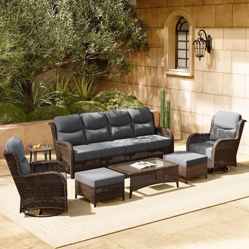 Luxury Patio Furniture Set with 6-inch Thick Cushion, Outdoor Couch and High Back Swivel Rocker Patio Chairs, 7PCS Wicker Conversation Set for Deck, Yard, and Poolside in Blue (V2)