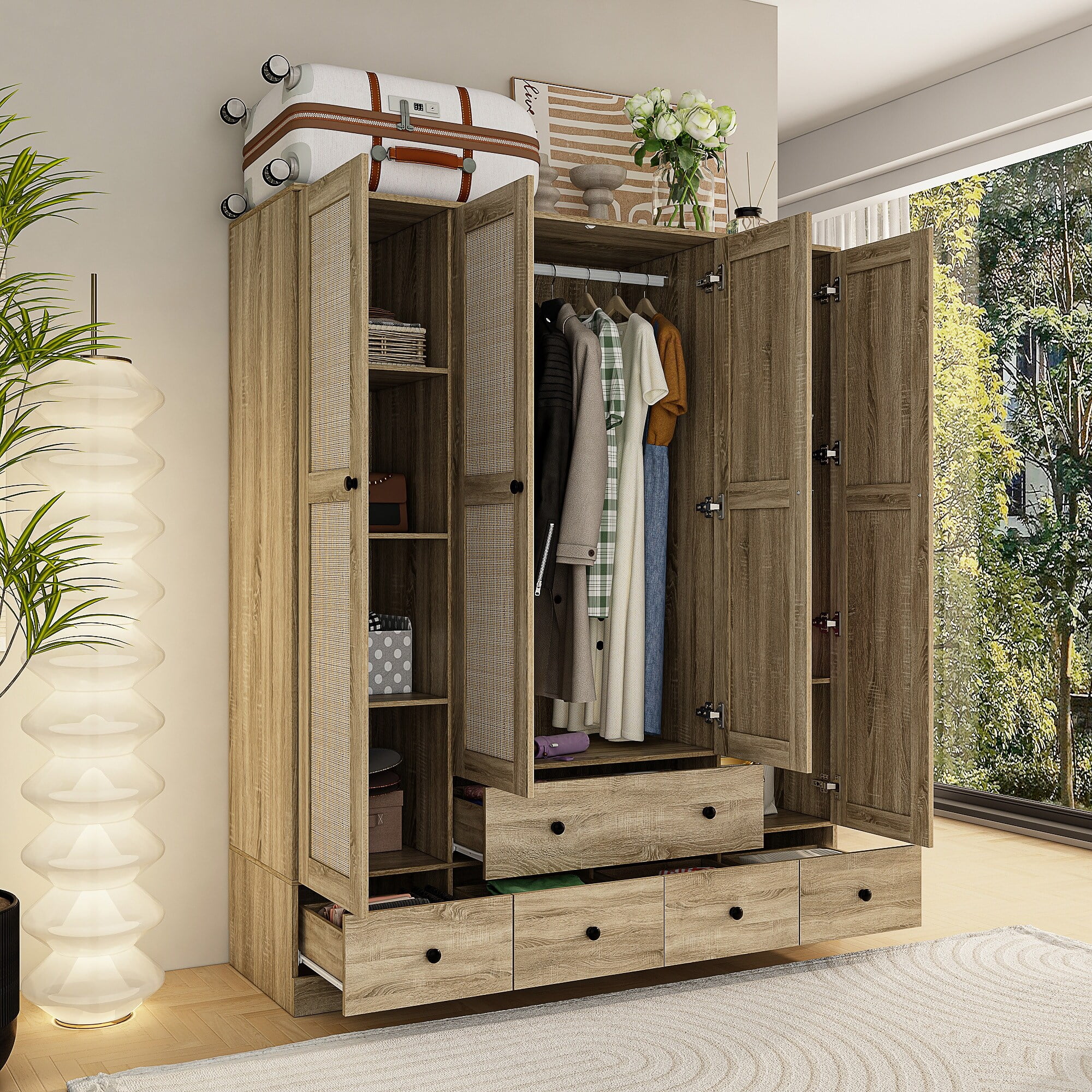 Wardrobe Armoire Closet 59"W Large Freestanding Wardrobe Cabinet White Wood