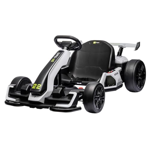 24V Electric Go Kart,300W Powerful Drift Kart for Kids, Electric Pedal Kart,with 300W Strong Motor, Drift/Sport Mode, Big Battery, Eva Tire,Length Adjustmen for Outdoor Racing Toy-White