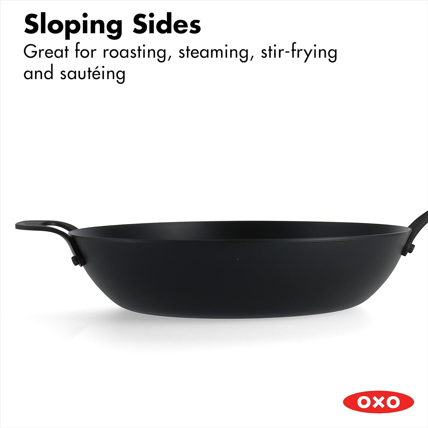 OXO Obsidian Pre-Seasoned Carbon Steel, 12" Wok Pan with Removable Silicone Handle Holder, Induction, Oven Safe, Black Pack of 2