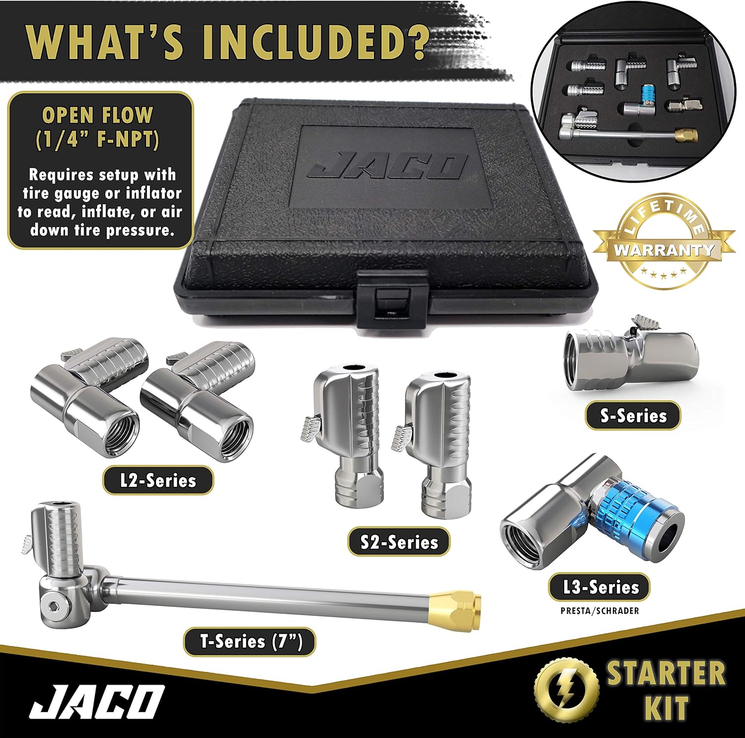 JACO Lightning Tire Air Chuck Kit (Set of 7) | Open Flow, 1/4" F-NPT