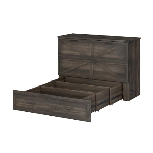 Wooden Murphy Cabinet Bed Frame with Charging Station, Full-Size Foldable Wall Bed with Large Storage Drawer for Home Apartment Limited Living Places, Space-Saving Hidden Bed No Box Spring Needed