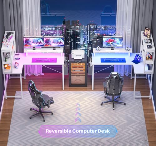 Homieasy L Shaped Computer Desk with Bookshelf, 47 Inch Reversible Corner Gaming Desk with Charging Station & Led Light, Home Office Desk with Hutch Monitor Stand Storage Shelves Bag, Black Oak
