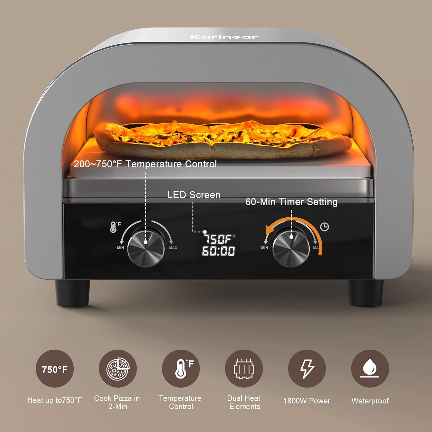 Electric Pizza Oven Indoor - Karinear 13 Inch Pizza Maker Machine for Home, Portable Countertop Pizza Oven Temp Range Reaches 750°F,Stainless Steel,1800W