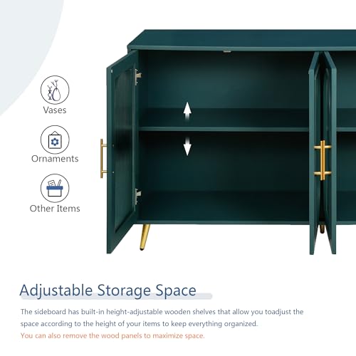 60'' Modern 4-doors Wood Storage Sideboard Buffet Cabinet Console Gold Metal Legs Handle Adjustable Shelves Entryway Accent Credenza Table for Kitchen Dining Room Living Room Hallway (Navy Blue)