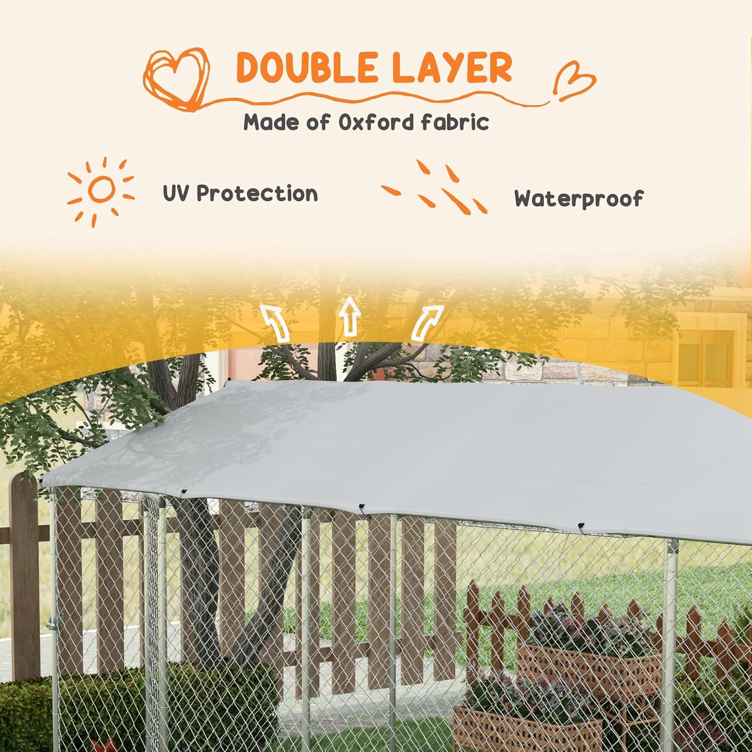 PawHut Large Dog Kennel Outside, Heavy Duty Dog Cage with Waterproof Cover, Outdoor Fence Dog Run with Galvanized Chain Link, Secure Lock, 19.7' x 7.5' x 7.5'