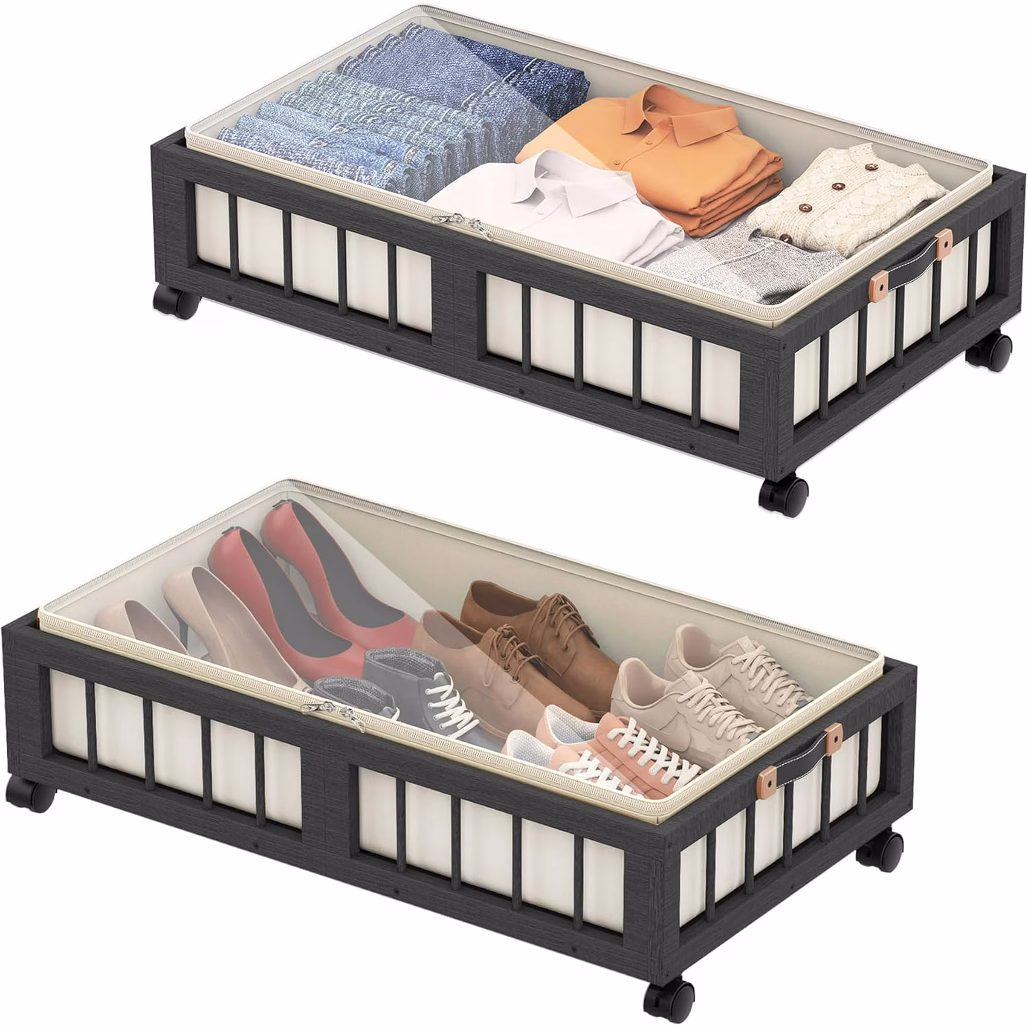 2-Pack Bamboo Under Bed Storage Containers with Wheels, Under Bed Clothes Storage Basket with Large Dust Bag, Rolling UnderBed Storage for Bedroom, Dorm and Basement, Black