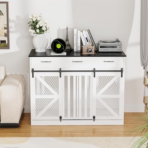 48'' Dog Crate Furniture with Removable Divider & Storage Drawers, Wooden Double Dog Cage TV Stand with 2 Sliding Barn Doors, Multi-Functional Dog Crate End Table for Indoor use (White)