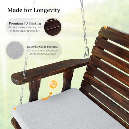 VINGLI Heavy Duty 880 LBS Patio Wooden Porch Swing Outdoor with Extra Cushion, Farmhouse Hanging Bench Tree Swing with Adjustable Chains for Yard | Garden | Lawn | Balcony (5 FT, Rustic)