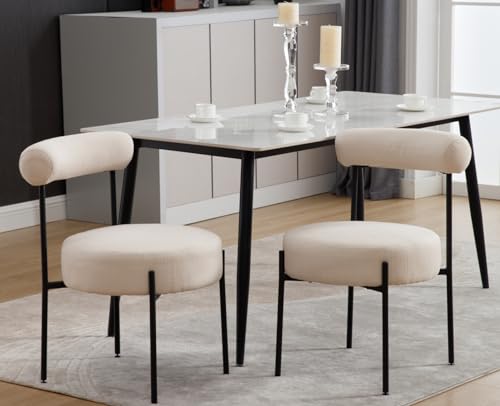 Shunzhi Modern Linen Fabric Dining Chairs Set of 2 Upholstered Dining Room Chairs with Round Seat, Kitchen Chairs Accent Side Chair with Barrel Back/Black Metal Legs for Kitchen/Dining Room, Beige