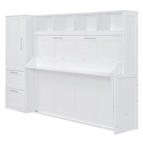 SOFTSEA Queen Size Horizontal Murphy Bed, Queen Murphy Bed with Desk Wardrobe Storage Shelf, Queen Hideaway Wall Bed with Drawers Space-Saving for Guest Room Bedroom or Office, Gray