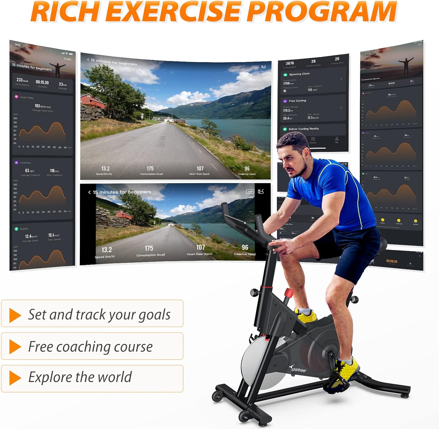 Sportneer Exercise Bike (Quiet), Indoor Cycling Bike Stationary Magnetic Resistance Spin Bike Cycle Workout Bikes for Home Gym, Aluminum Flywheel, Bluetooth & APP, Black