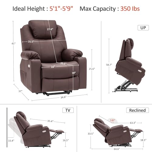 MCombo Power Lift Recliner Chair for Elderly, Lift Chair with Heat and Massage, FSC Certified, USB Ports, Cup Holders, Faux Leather 7040 (Black, Medium)