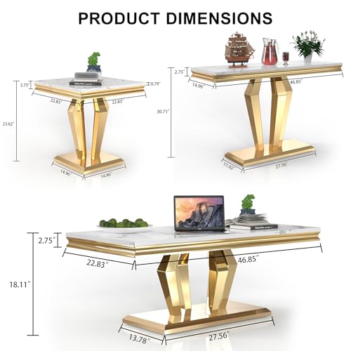 4 Piece Living Room Table Set, Faux Marble Coffee Table, Gold Console Table and 2 Gold End Tables, Rectangular Luxury Gold Coffee Table Set of 4 with Stainless Steel Diamond-Shaped Base