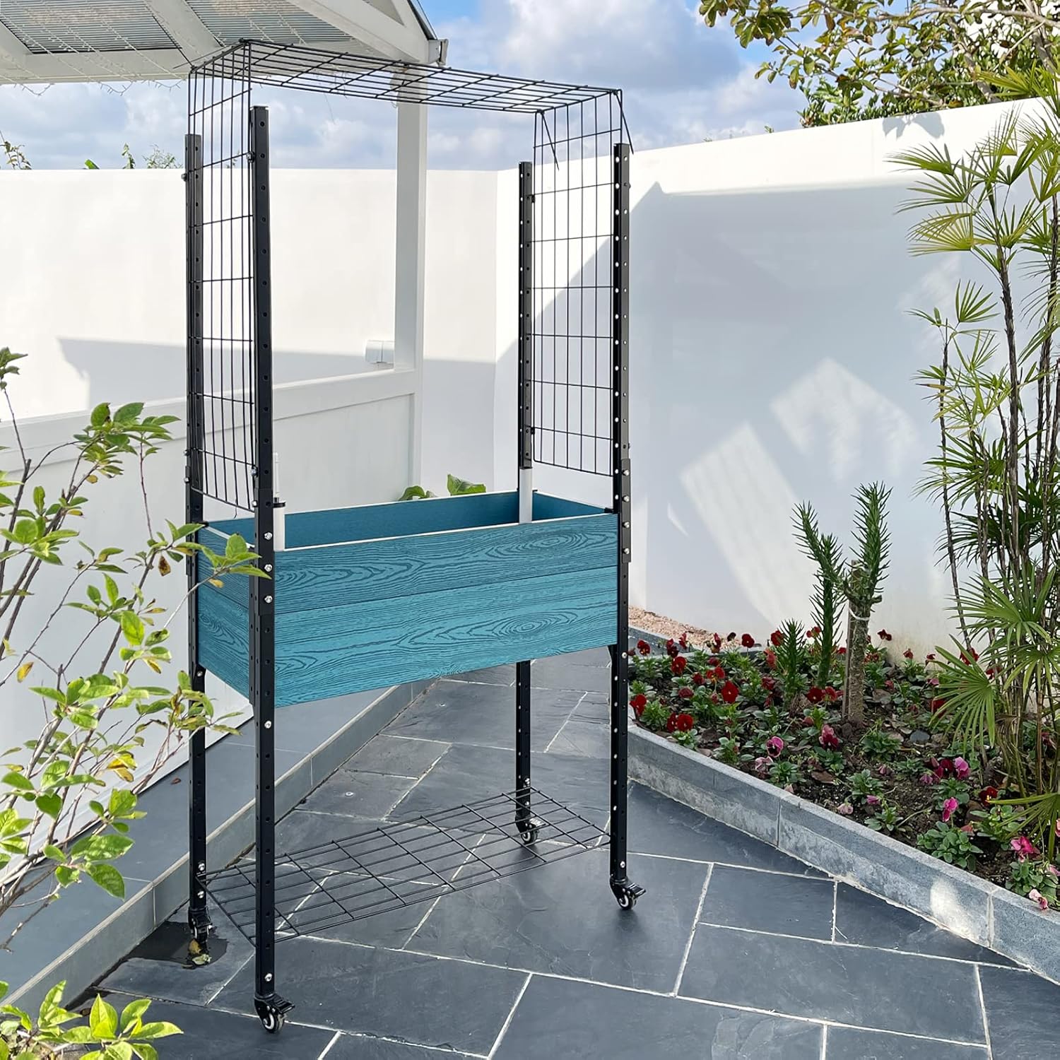Self Watering Planter Box on Wheels: Raised Bed Planter with Trellis, Mobile Design and Unique Aged Blue Finish - Perfect for Gardeners, Designers, and Architects