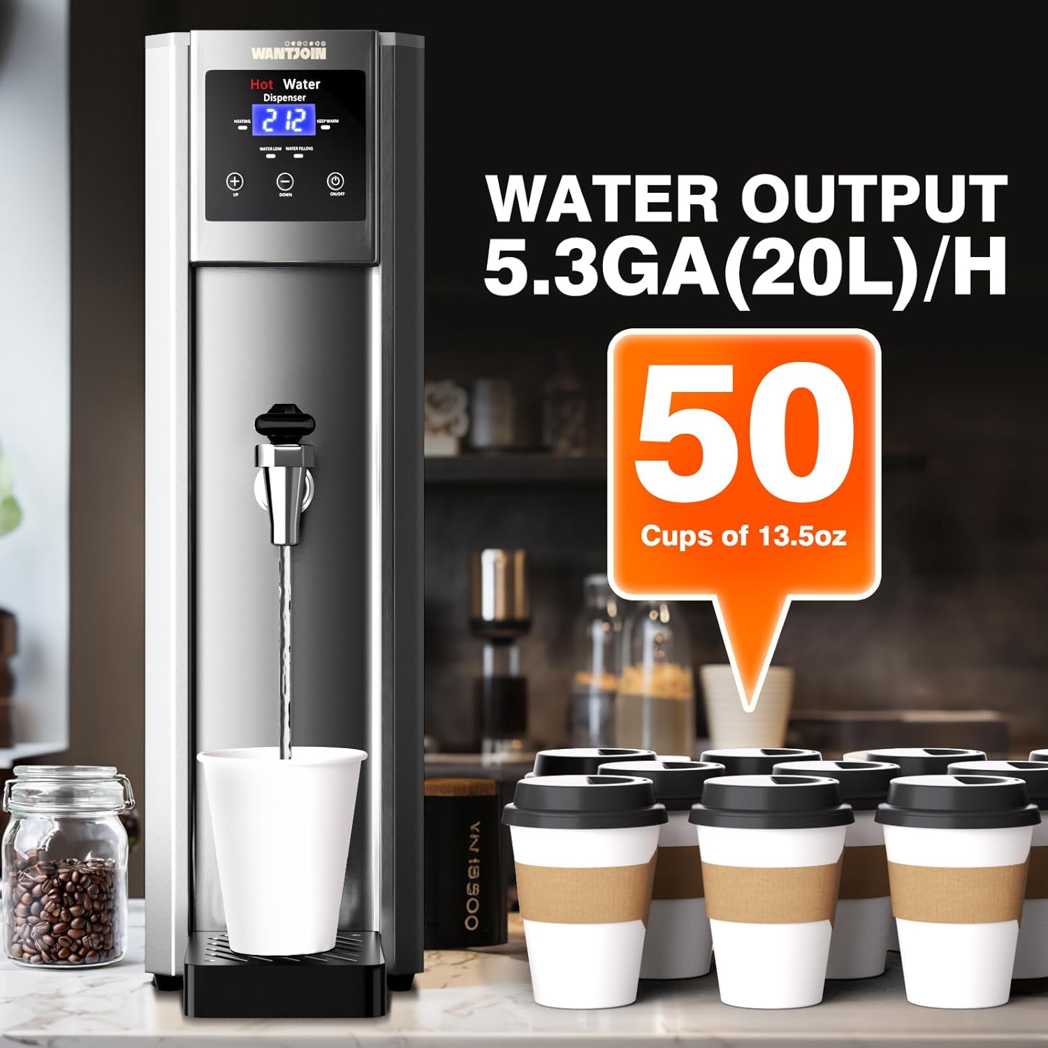 WantJoin Hot Water Dispenser Commercial Water Boiler 20L(5.2GAL)/Hour Step-Heating Electric Countertop Water Dispenser Automatic Temperature Control 32°F-212°F, for Boba Tea Coffee Shop Office 1800W