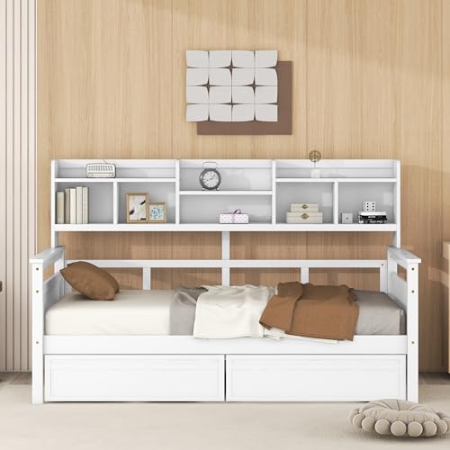 WADRI Multi-Functional Twin Size Daybed with Bedside Shelf and 2 Storage Drawers, Wood Daybed Sofa Bed Frame with Sturdy Slat Support for Office Living Room Bedroom, Easy Assembly (Gray-ss1)