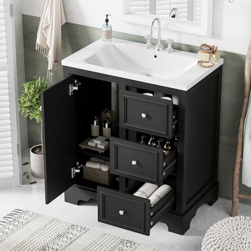 30" Modern Bathroom Vanity with Sink Combo Set, Solid Wood Frame Bathroom Storage Cabinet with 3 Drawers and a Soft Closing Door, Green