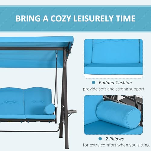 Outsunny 3-Seat Patio Swing Chair, Outdoor Porch Swing Glider with Adjustable Canopy, Removable Cushion, Pillows and Side Trays, for Garden, Poolside, Backyard, Brown