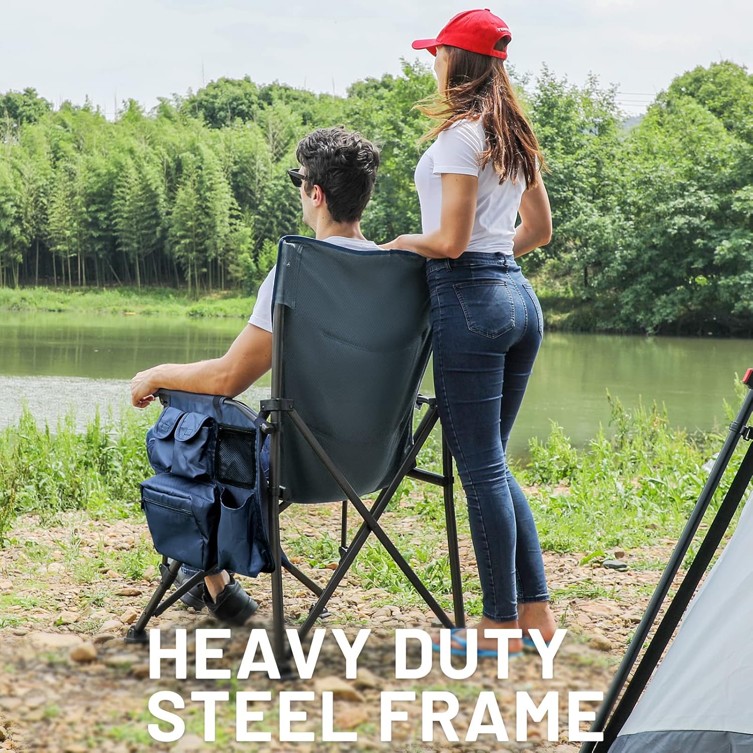 TIMBER RIDGE 400L Large Capacity Folding Double Decker Wagon Blue&Oversized Folding Camping Chair High Back Heavy Duty for Adults Support up to 500lbs