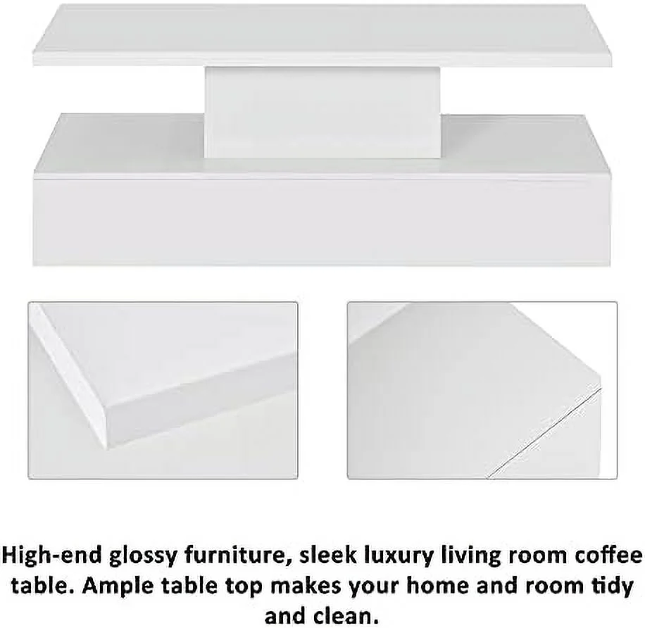 RUNFAYBIU Modern Coffee Table with LED Lights  High Gloss Rectangle Coffee Table with 2 Tiers and 16-Color LED Light  47.2 in Cocktail End Table Modern Side/End/Sofa Table for Living Room