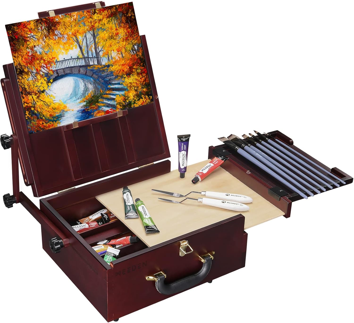 MEEDEN Artist Pochade Box,Portable French Easel,Sketch Easel Box with Storage,Plein Air Easel for Painting with Nylon Carry Bag,Makes Outdoor Painting Easy and Fun,Walnut