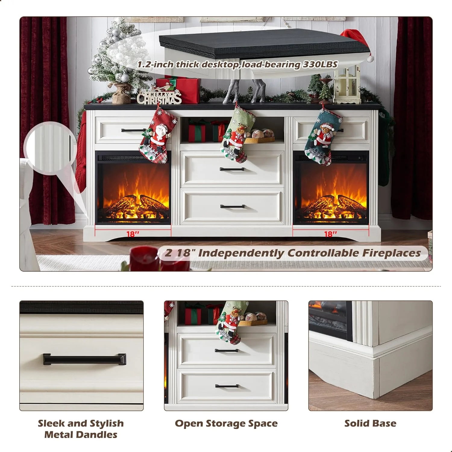 T4TREAM 70″ Fireplace TV Stand for TVs Up to 80″,  Farmhouse TV Console Entertainment Center with 4 Large Drawers for Living Room, Bedroom, White